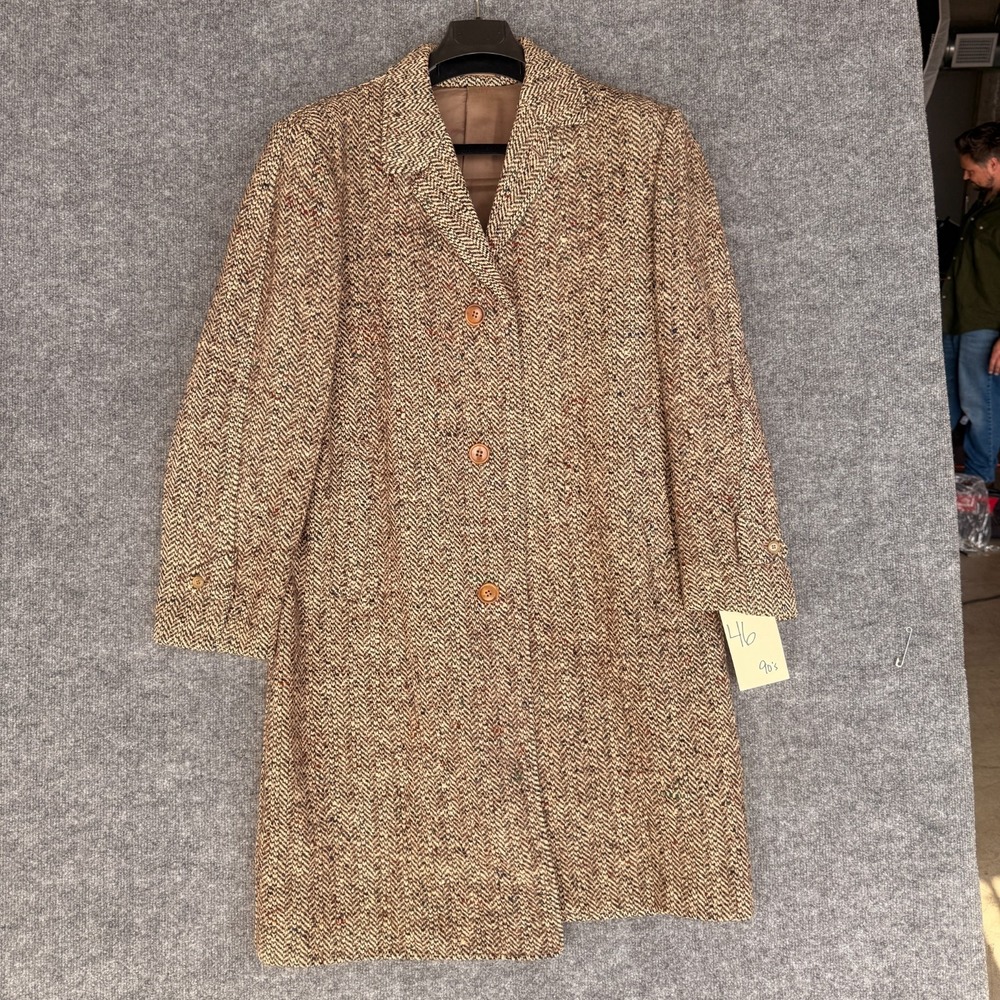 Vintage Manful Overcoat Mens 46 Brown Herringbone Tweed Long Sleeve Button Front